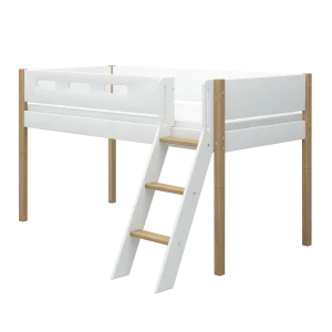 High Bed 120 cm with Slanting Ladder and Safety Rail, 90x200 cm, NOR White/Oak