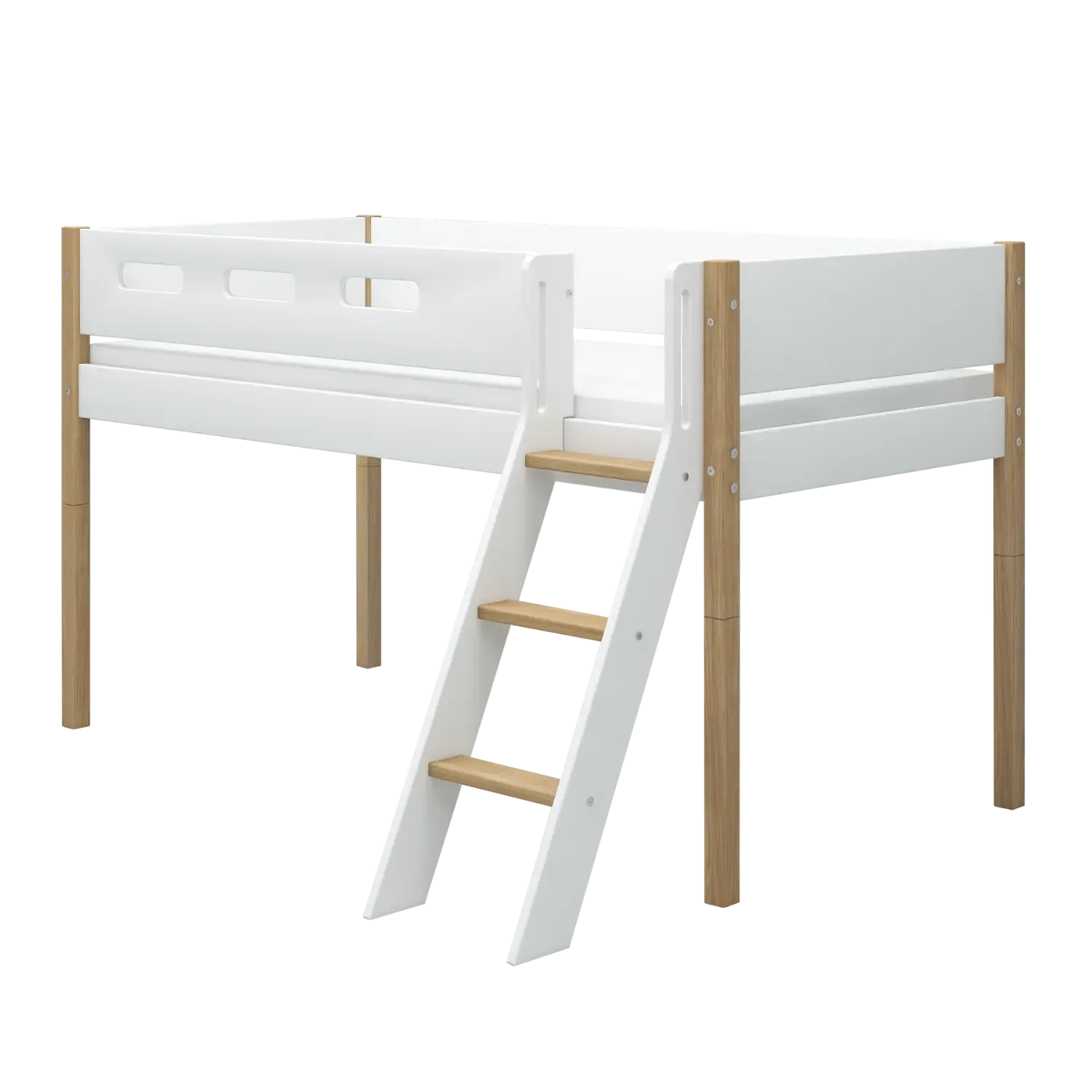 High Bed 120 cm with Slanting Ladder and Safety Rail, 90x200 cm, NOR White/Oak