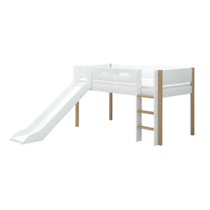 High Bed 120 cm with Slide and Safety Rail, 90x200 cm, White/Oak