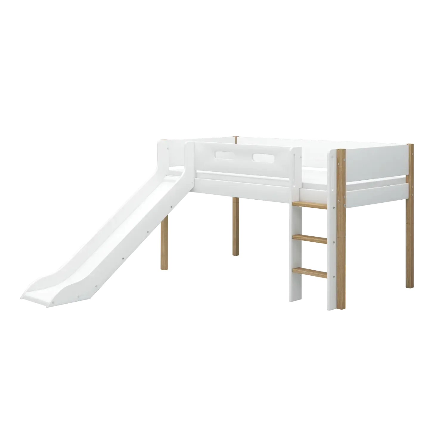 High Bed 120 cm with Slide and Safety Rail, 90x200 cm, White/Oak