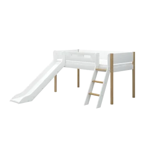 High Bed 120 cm with Slide, Ladder and Safety Rail, 90x200 cm, NOR White/Oak