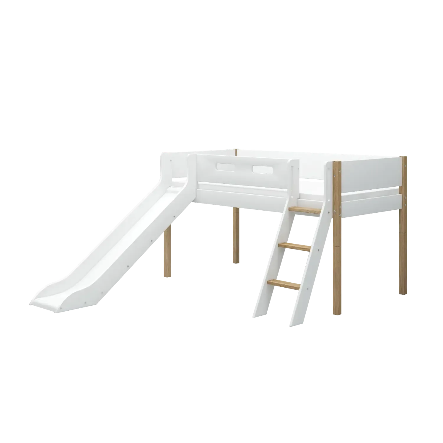 High Bed 120 cm with Slide, Ladder and Safety Rail, 90x200 cm, NOR White/Oak