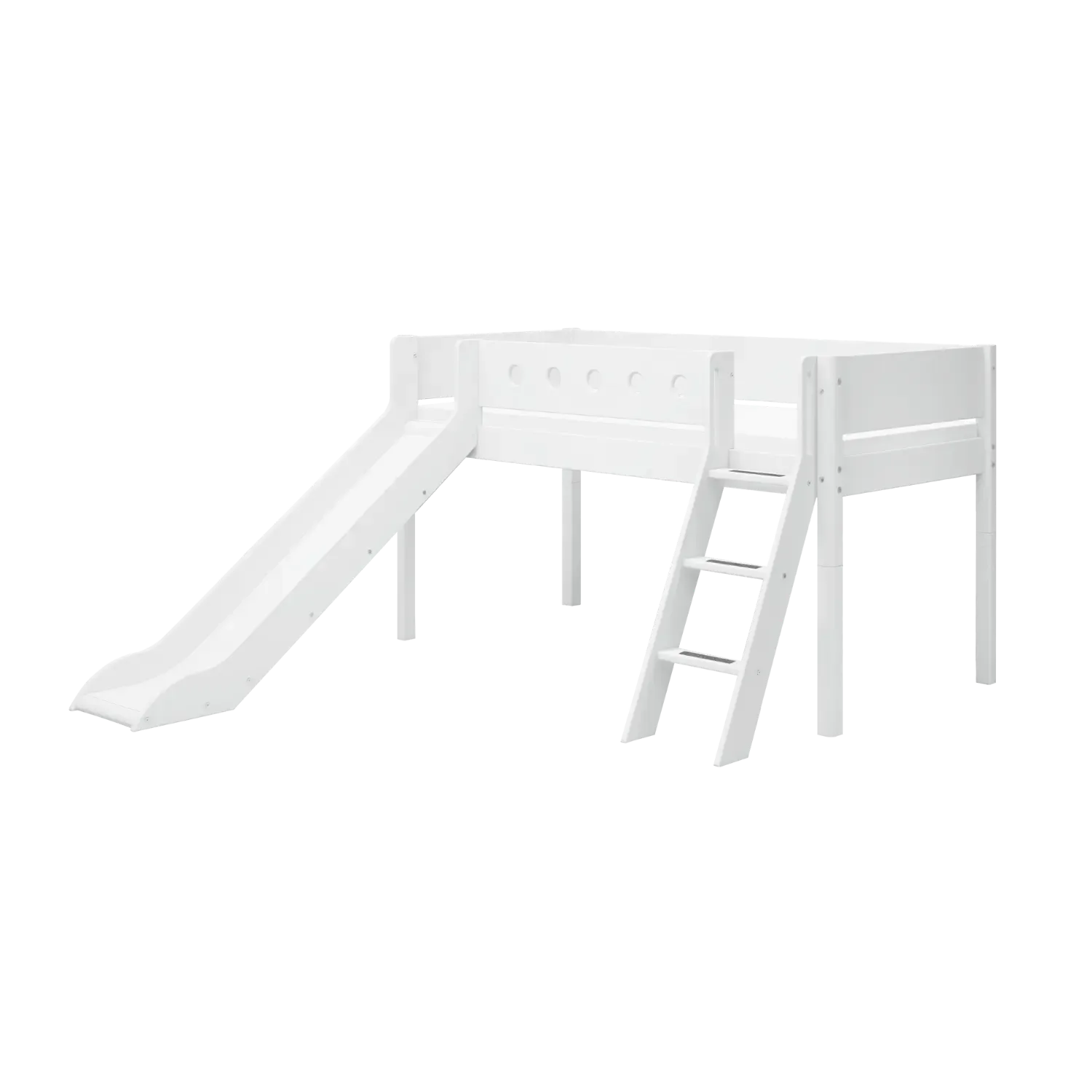 High Bed 120 cm with Slide, Slanting Ladder and Safety Rail, 90x200 cm, WHITE