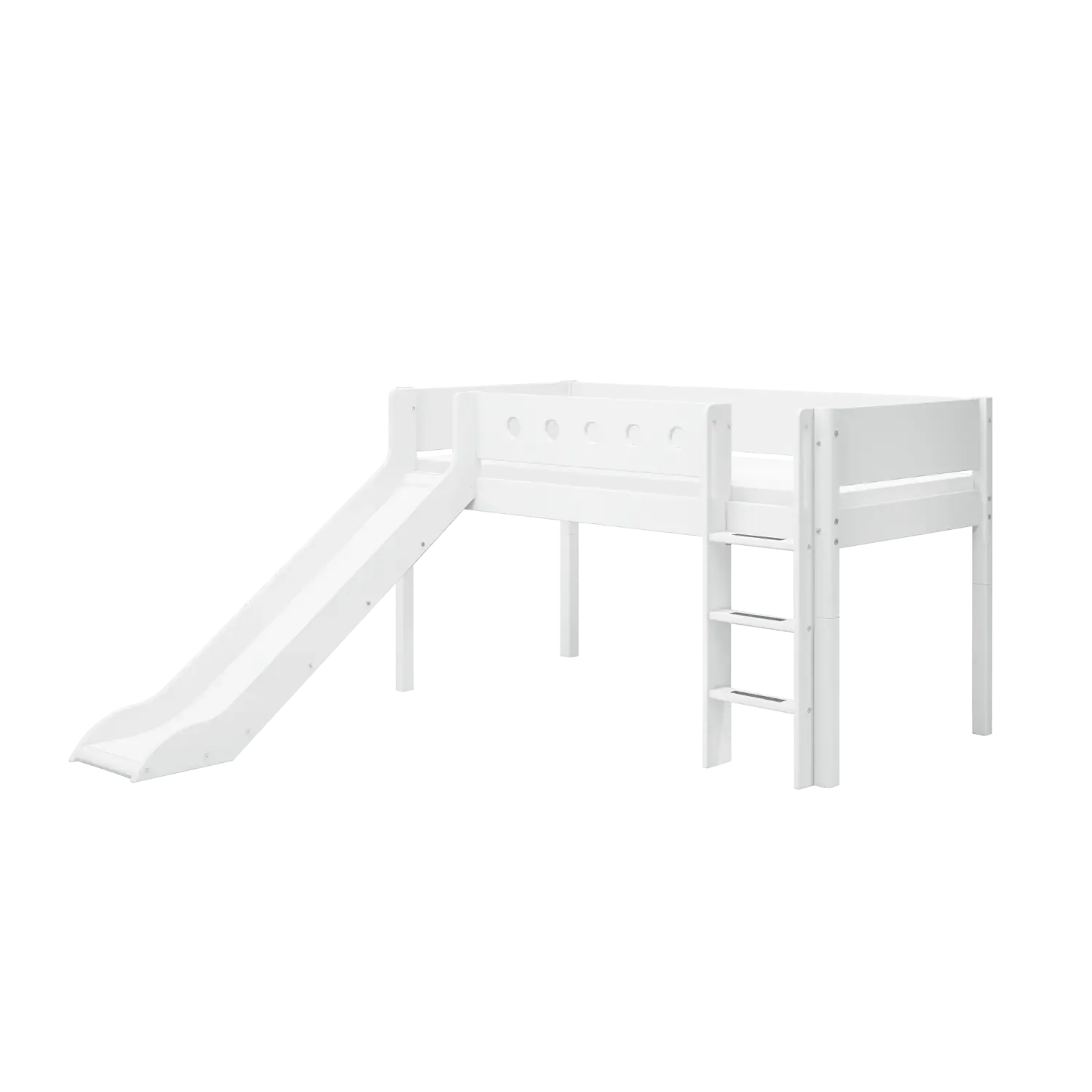 High Bed 120 cm with Slide, Straight Ladder and Safety Rail, 90x200 cm, WHITE