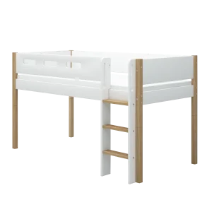 High Bed 120 cm with Straight Ladder and Safety Rail, 90x200 cm, NOR White/Oak