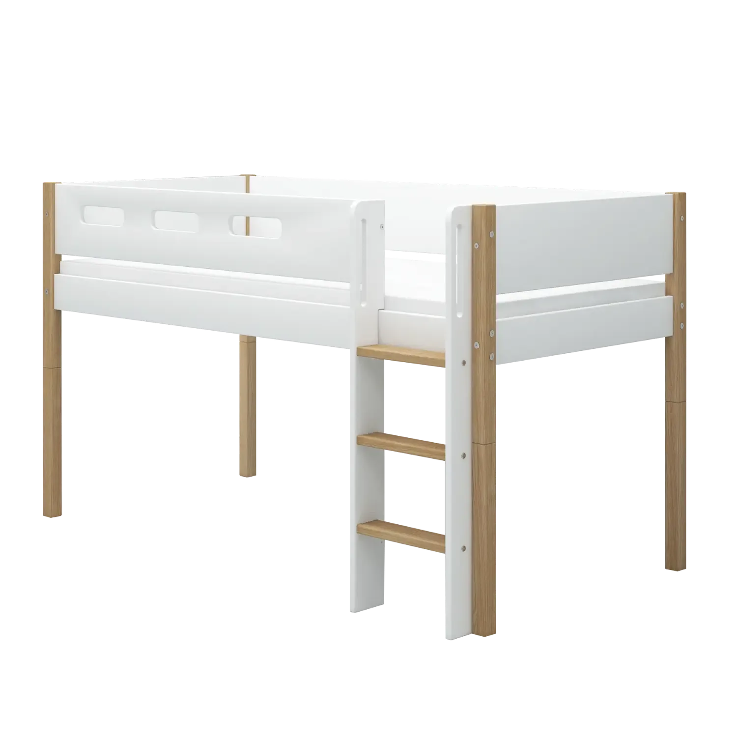 High Bed 120 cm with Straight Ladder and Safety Rail, 90x200 cm, NOR White/Oak