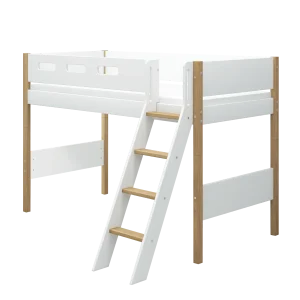 High Bed 143 cm with Slanting Ladder and Safety Rail, 90x200 cm, NOR White/Oak