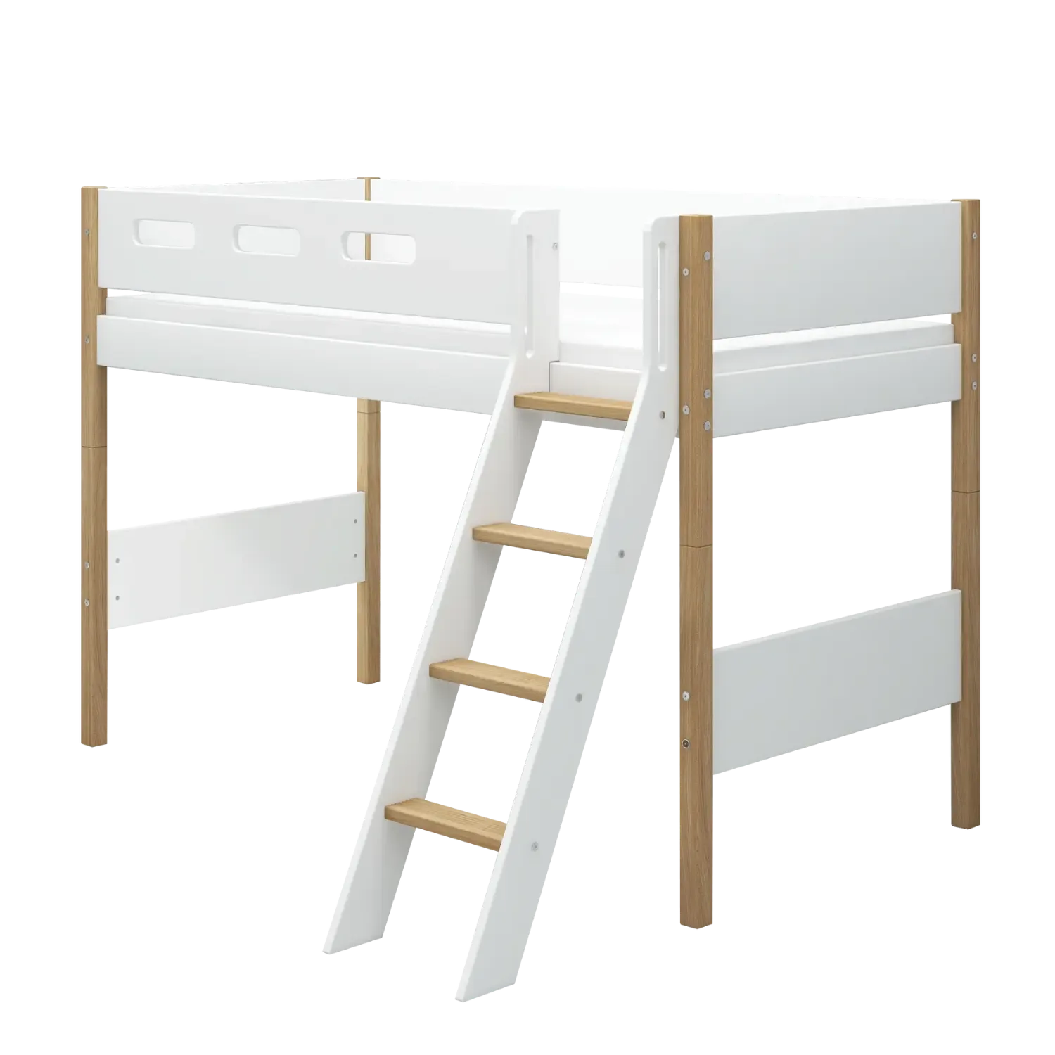 High Bed 143 cm with Slanting Ladder and Safety Rail, 90x200 cm, NOR White/Oak