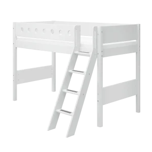High Bed 143 cm with Slanting Ladder and Safety Rail, 90x200 cm, WHITE