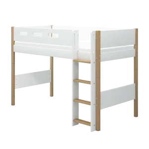 High Bed 143 cm with Straight Ladder and Safety Rail, 90x200 cm, NOR White/Oak
