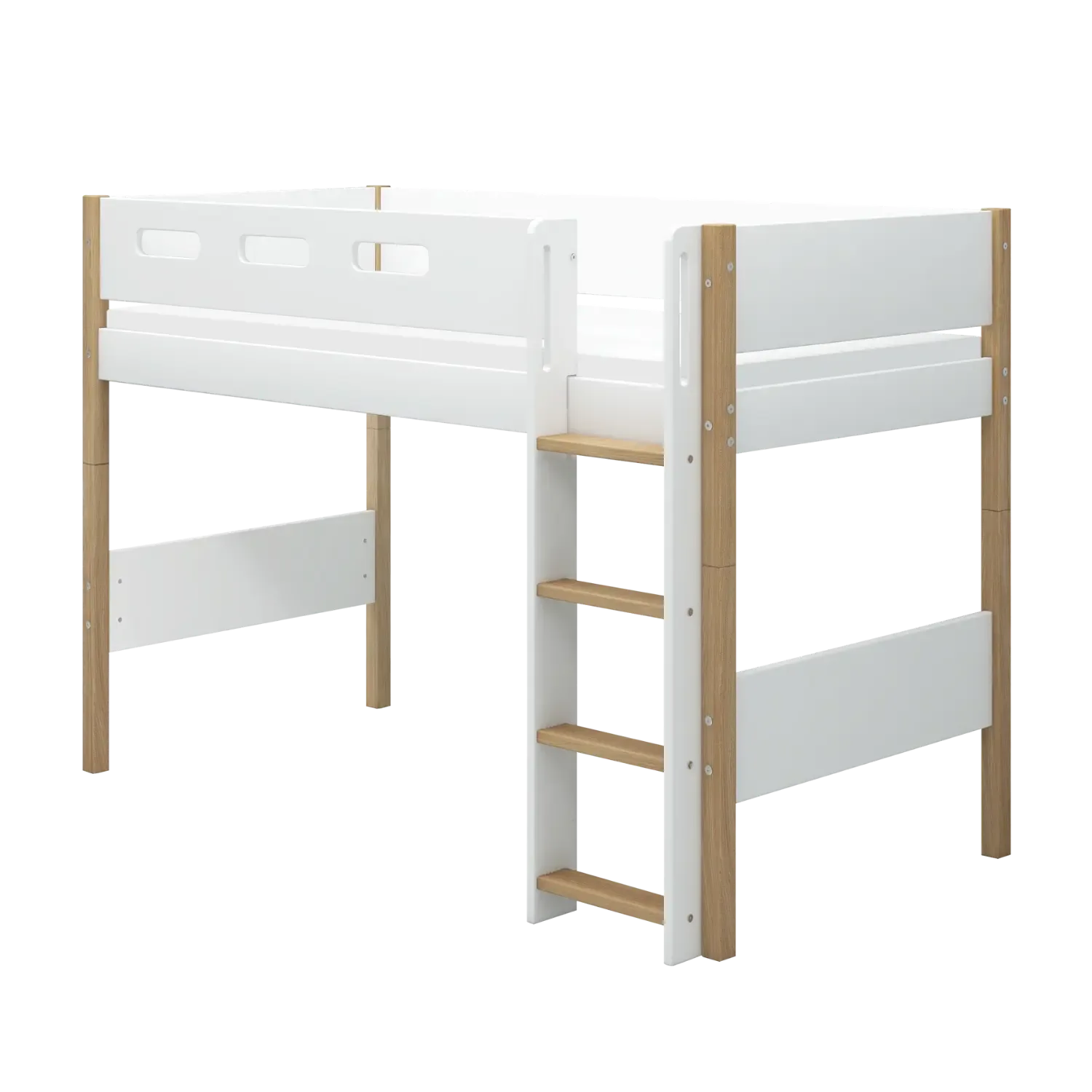 High Bed 143 cm with Straight Ladder and Safety Rail, 90x200 cm, NOR White/Oak