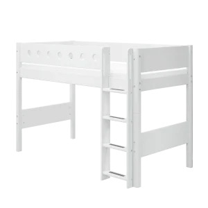 High Bed 143 cm with Straight Ladder and Safety Rail, 90x200 cm, WHITE