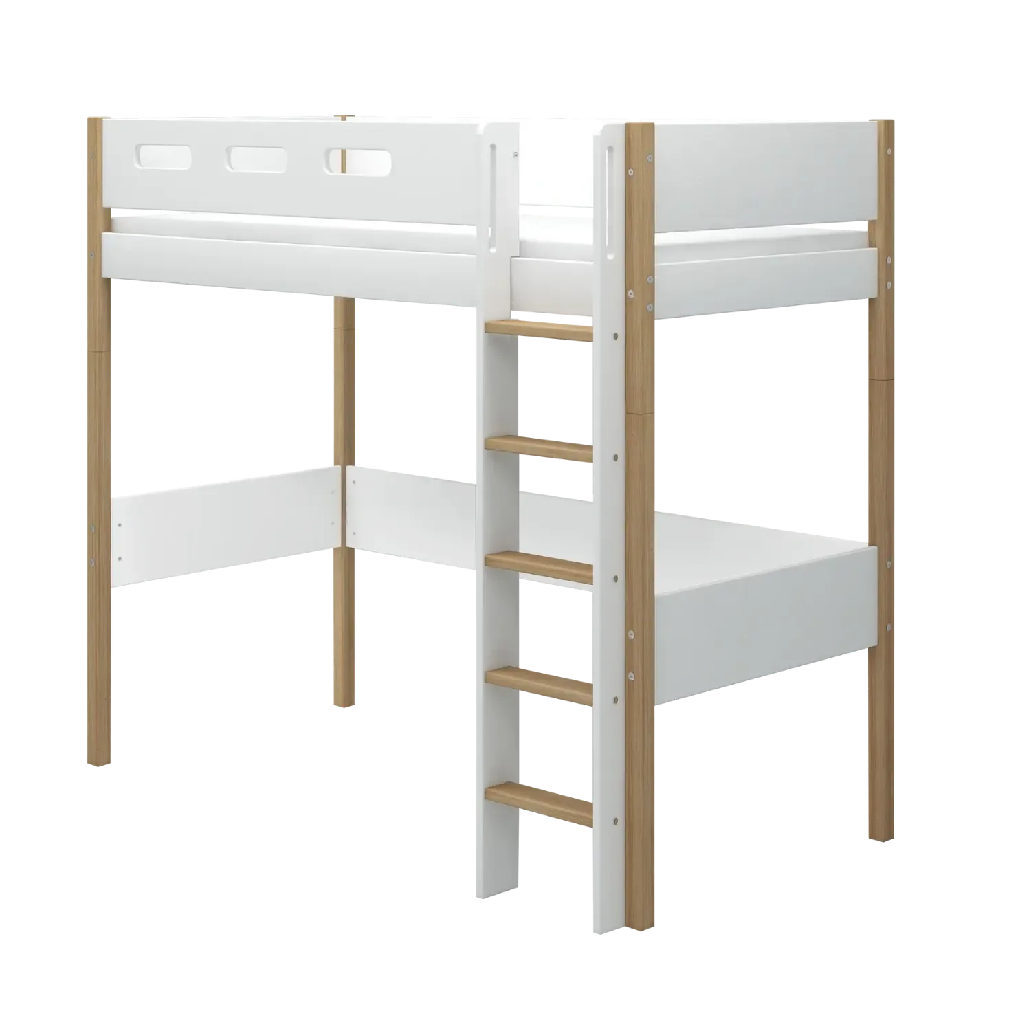 High Bed 184 cm with Ladder and Safety Rail, 90x200 cm, NOR White/Oak