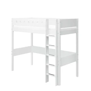 High Bed 184 cm with Straight Ladder and Safety Rail, 90x200 cm, WHITE
